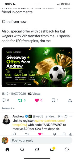 A Twitter/X post by user 'Andrew' (@web3_andre...) promoting the same Qzino giveaway with the code 'ANDREW20' for $20 deposit bonus, dated 11/07/2026.