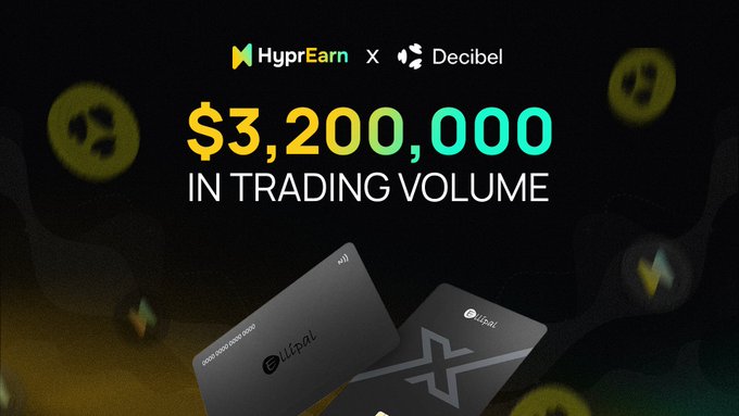 The image promotes the HyprEarn x Decibel Trading Competition, highlighting "$3,200,000 IN TRADING VOLUME" alongside visuals of ELLIPAL hardware wallets that were awarded to top traders. The design features the brands' logos at the top and showcases the prize hardware wallets in the foreground against a dark background with floating HyprEarn icons.