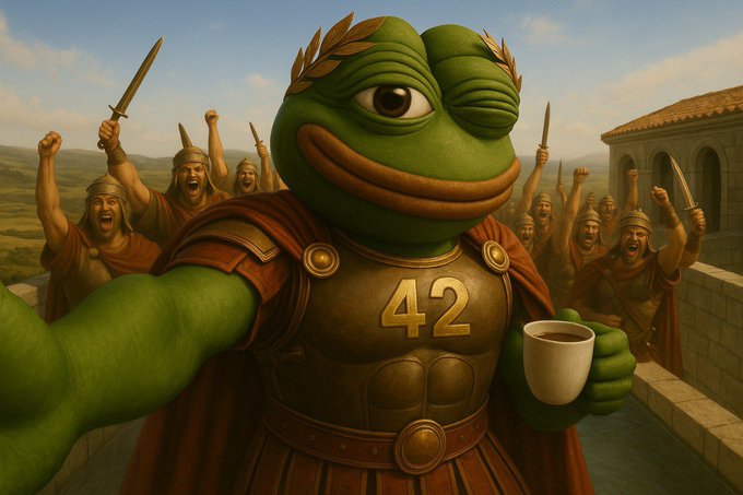 A digital artwork depicting a green Pepe the Frog character dressed as a Roman soldier wearing a laurel wreath and armor marked '42', holding a coffee cup while an army of Roman soldiers cheers behind him.