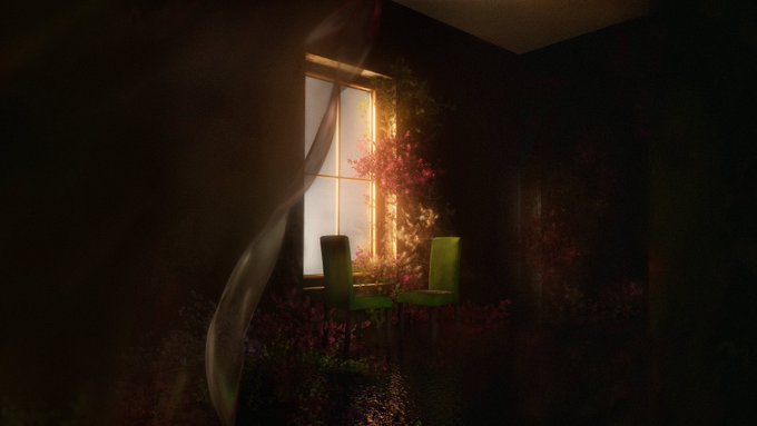 A dimly lit interior reveals two green chairs beside a sunlit window framed by curtains, with vibrant pink and red flowers spilling into the shadowed room. The image visually echoes the post's theme of duality—birth "in darkness" represented by the shadowy foreground and "in light" embodied by the glowing window—suggesting the threshold between strangers and something more.