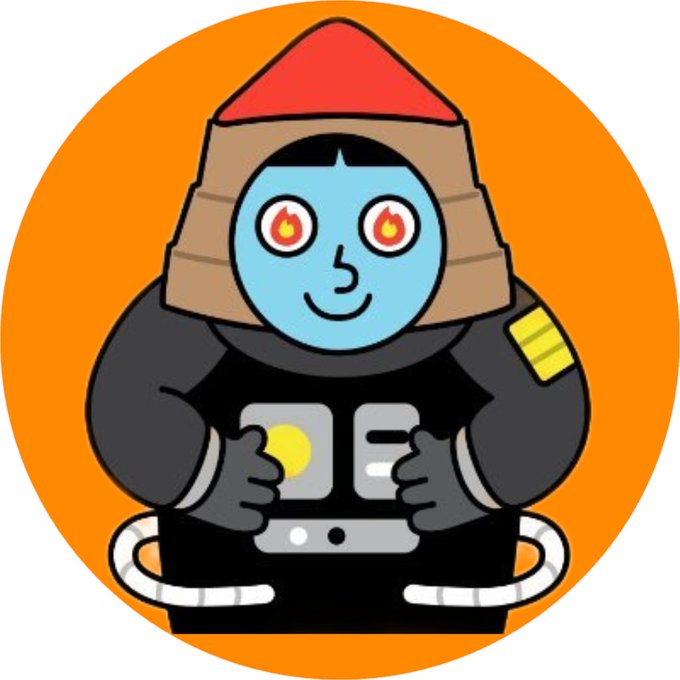 A cartoon character with blue skin, glowing red flame-like eyes, and a samurai-style helmet holds a smartphone in front of an orange circular background. The image appears to be a custom profile picture (PFP) shared by the user in association with @unvault.
