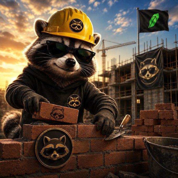 A raccoon character wearing a yellow hard hat and sunglasses, working as a bricklayer at a construction site with crates and a bucket, alongside a green flag and a banner featuring its logo.