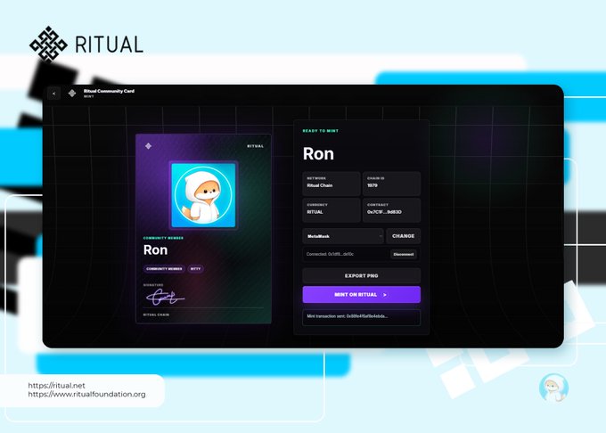 The image shows a computer screen displaying a user profile page from the Ritual network, which includes a photo of a person wearing a white hat with a cat face. The background features blue and black geometric shapes. The text on the screen reads "RON", "Connect your wallet", "Add a signature", and "mint your unique card on the Ritual Testnet ecosystem". This information suggests that users can create their own Signature Card, connect their wallet to the network, add a signature, and mint their unique card for use in the Ritual Testnet ecosystem. The post encourages users to become part of the community by creating their own Signature Card and connecting it to the network.