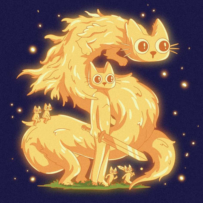 A golden, glowing cat warrior stands holding a sword, surrounded by smaller cats and a larger feline companion against a starry night sky. The luminous, heroic feline embodies the "golden defender" theme of the $CETS crypto token, symbolizing strength and guardianship.