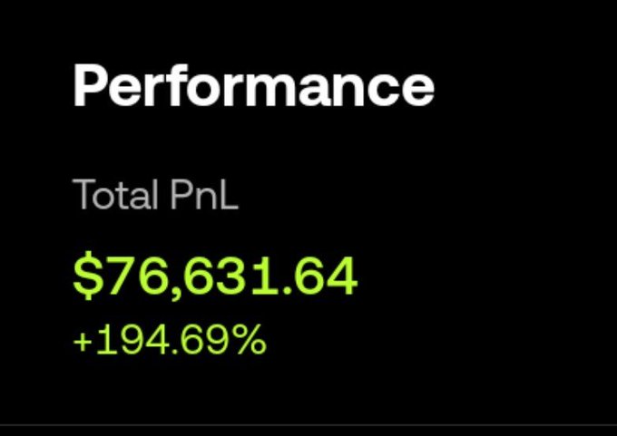 A performance screenshot displays a Total PnL of $76,631.64 with a gain of +194.69%, shown in green text on a black background. The strong returns visually reinforce the poster's claim of an "easy bet" by riding the wave of RWA meme tokens expected to be listed on Robinhood.