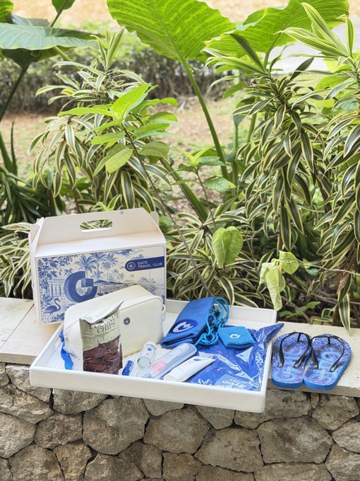 An outdoor photo shows a white tray filled with various blue and white packaged items, including a box with a 'G' logo and flip-flops, set against a backdrop of lush tropical plants.