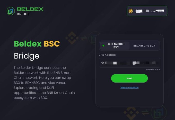 A promotional screenshot for the 'Beldex BSC Bridge' interface, allowing users to swap BDX to BDX-BSC and vice versa, showing a BNB Address input field and a green 'Next' button.