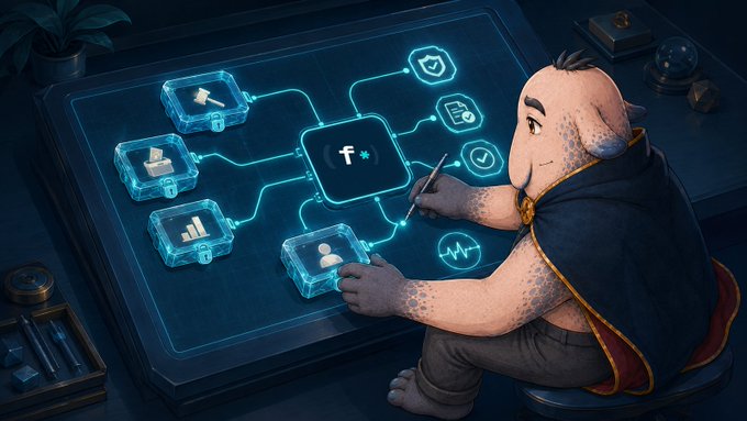 A cartoon character sits at a glowing futuristic desk, working on a holographic interface that displays a central 'f*' logo connected to various icons representing security, charts, and profiles.