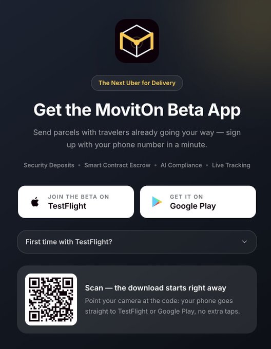 An advertisement for the 'MovitOn Beta App' described as 'The Next Uber for Delivery,' featuring TestFlight and Google Play download buttons along with a QR code.