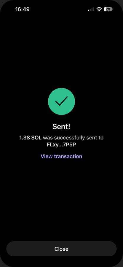 The image shows a "Sent!" confirmation of 1.38 SOL being successfully sent to the wallet address FLxy...7P5P, aligning with the post's announcement of keeping airdrops going for those who drop their Solana wallets and follow the user.