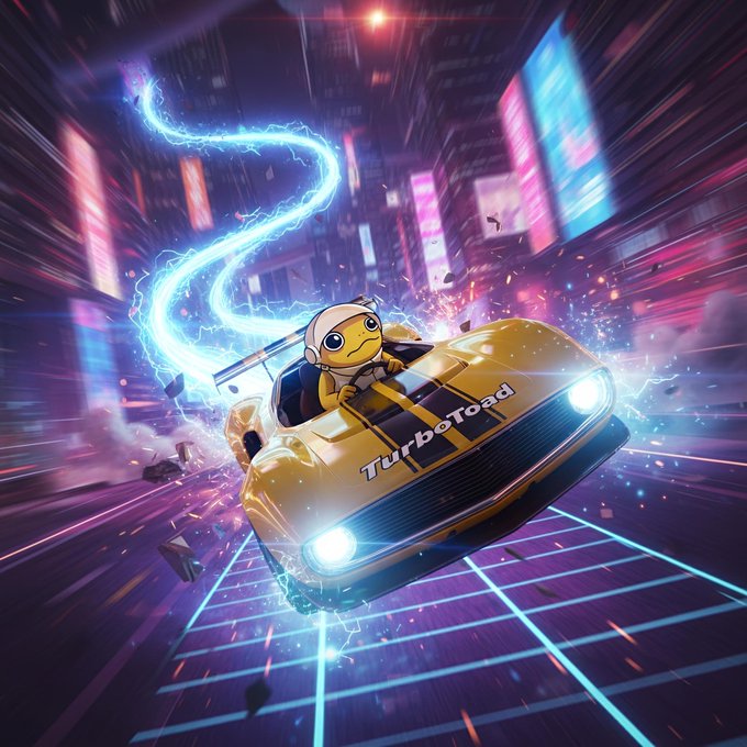 The image features a yellow car with a cartoon character inside driving at high speed through a city street. The car's design includes a spoiler, which adds to its futuristic appearance. The background of the image shows buildings and neon signs, creating an urban atmosphere. The caption "It takes a driver to sit in the seat, but it takes an entire community to break the sound barrier $TURBO" suggests that the car is designed for speed and performance rather than traditional driving experiences.