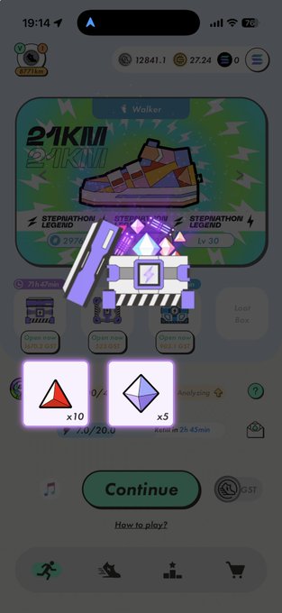 iphone screen displays a 3D rendering of a purple and orange sneaker, with the text "24KIL" and "WALKER", accompanied by icons for "Stephanie", "Walking", and "Running".