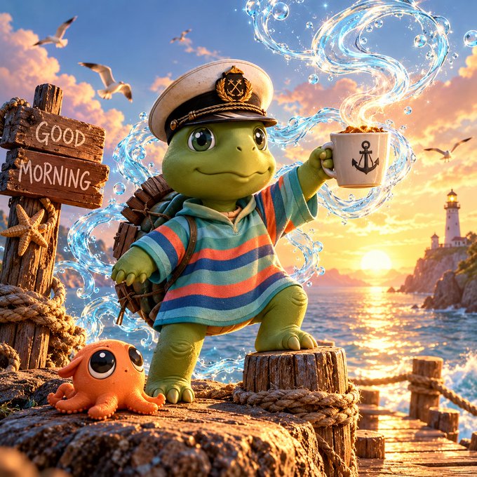 A cartoon turtle wearing a sailor hat and striped shirt, holding a mug of coffee with steam forming water swirls, standing on a dock by the sea at sunset with a 'Good Morning' sign and a small octopus.