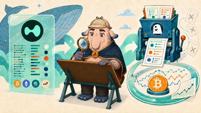 A whimsical cartoon illustration of an elephant detective wearing a deerstalker hat and holding a magnifying glass at a drawing board, flanked by a crypto trading interface on the left and a printing press producing Bitcoin charts on the right.