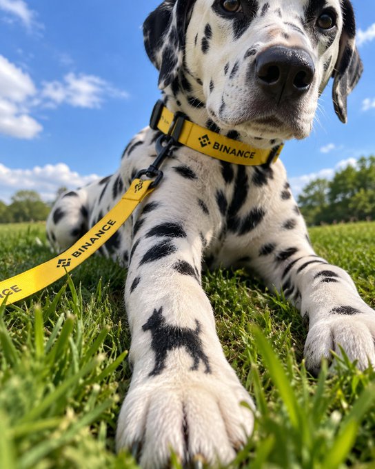 A Dalmatian dog lying on green grass wearing a yellow collar and leash branded with the "BINANCE" cryptocurrency exchange logo.