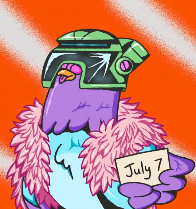 The image shows a purple pigeon wearing a green helmet and pink feather boa, holding a sign that reads "July 7," which directly illustrates the launch date of the Wingston NFT collection mentioned in the post. The stylized pigeon character represents the "collectible character" aspect of the @RallyOnChain NFT project being teased, with the date card emphasizing the free mint date of July 7th.