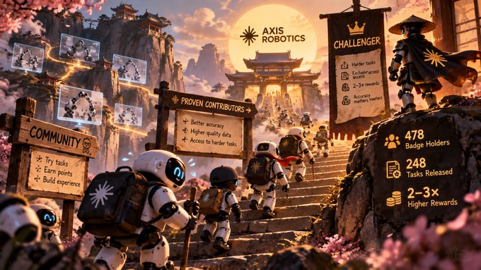 A stylized digital illustration for 'AXIS ROBOTICS' depicting small robots climbing a mountain path, with banners reading 'COMMUNITY', 'PROVEN CONTRIBUTORS', and 'CHALLENGER' showing stats like '478 Badge Holders' and '2-3x Higher Rewards'.