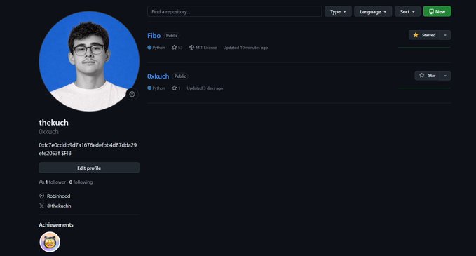 GitHub profile page for user 'thekuch' showing two public Python repositories: 'Fibo' (MIT License, updated 10 minutes ago) and '0xkuch' (updated 3 days ago), with location listed as Robinhood and Twitter handle @thekuch.