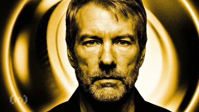 A close-up, golden-toned portrait of Michael Saylor with a serious expression, set against a glowing circular backdrop. The image visually anchors the post's theme of his strong stance against altering Bitcoin's consensus rules, particularly as the BIP-110 vote approaches.