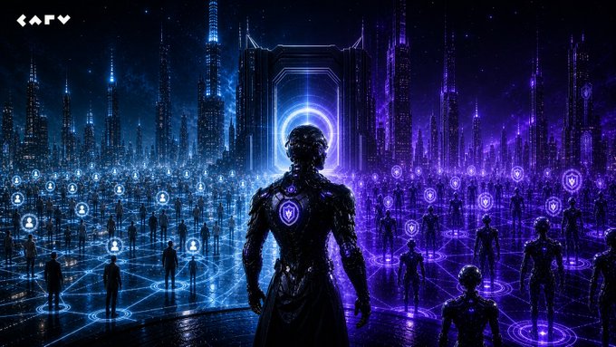 The image depicts a futuristic cyber cityscape bathed in blue and purple neon light, with a central armored figure whose chest bears a glowing shield emblem, surrounded by an interconnected network of human silhouettes linked by luminous nodes. The text "CARV" appears in the upper left corner, representing the onchain identity platform referenced in the caption, where the figure symbolizes AI agents that will soon require the same digital identity framework that over 9 million humans already use.