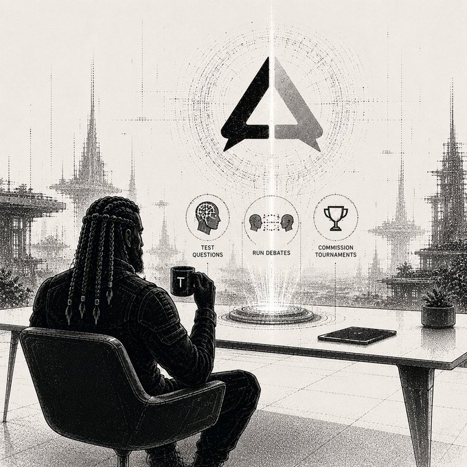 A black and white sketch-style illustration of a person with long braids sitting at a desk, looking at a floating 'A' logo and icons labeled 'TEST QUESTIONS', 'RUN DEBATES', and 'COMMISSION TOURNAMENTS' against a futuristic cityscape.