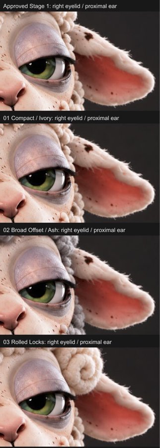 Four stacked close-up renders of a creature's eye and furry ear showing different eyelash and eyelid stylization passes labeled 'Approved Stage 1', '01 Compact', '02 Broad Offset', and '03 Rolled Locks'.