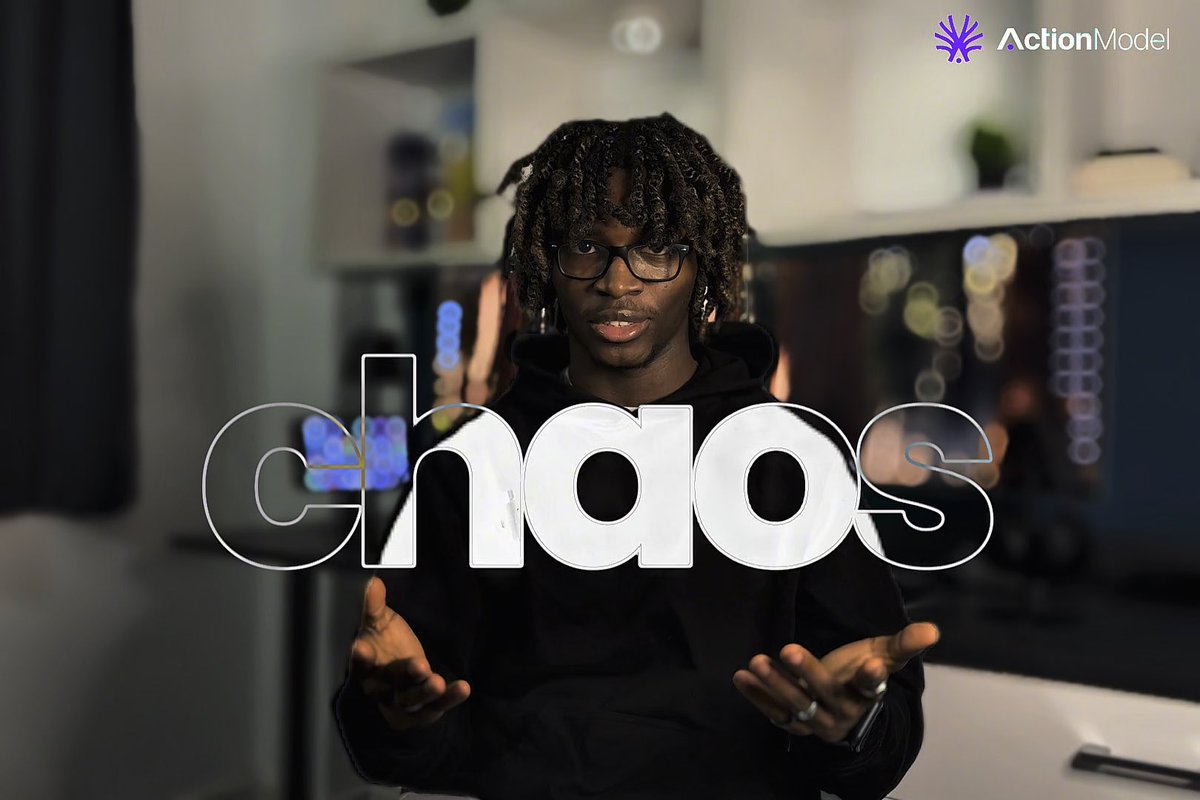 A young man wearing glasses and a black hoodie sits in front of a blurred monitor background, with the word "chaos" in large outlined text overlaid across the image, while the "ActionModel" logo appears in the top right corner. The image visually reinforces the post's message about ignoring small $0 tasks leading to missed opportunities, depicting a focused individual in a workspace setting with the bold "chaos" text symbolizing the disorder created by procrastination.