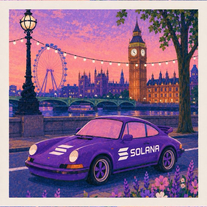 The image features a purple car with the word "SOLANA" written on its side, parked near a lamppost by a river. The scene includes a clock tower, which could be Big Ben, as well as other buildings that make up the cityscape in London. The sky is painted in shades of pink and purple, creating an artistic and visually appealing atmosphere for the image.