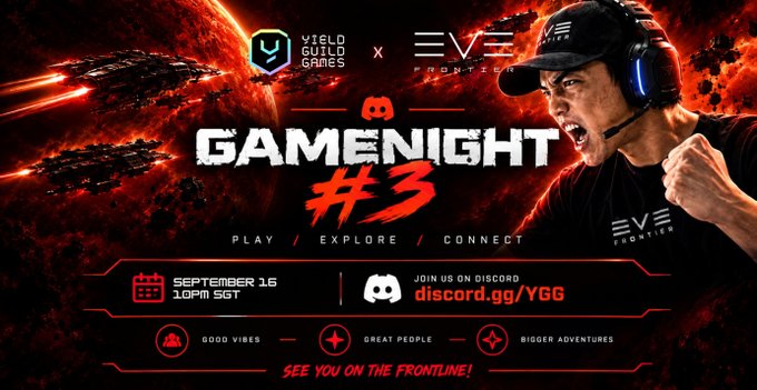 Promotional banner for 'Gamenight #3' featuring a collaboration between Yield Guild Games and EVE Frontier, scheduled for September 16 at 10PM SGT, with details to join via discord.gg/YGG.