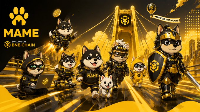 Promotional artwork for MAME token on BNB Chain, featuring a group of Shiba Inu mascots in various golden and black outfits.