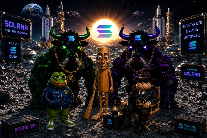 A bullish Solana-themed meme scene featuring two glowing-eyed horned bulls labeled "SANSEM" and "SCURB" flanking a wooden bat character, alongside Pepe in a puffer jacket and a pinstripe-suited figure with "BUTTCOIN" on his lapel, all set against a lunar launchpad backdrop with Solana rockets and signs reading "THE FUTURE IS ONCHAIN" and "DECENTRALIZED. SCALABLE. UNSTOPPABLE."—a chaotic visual pun matching the post's shoutout to $SOL, $ANSEM, $CURB, $TripleT, $BUTTCOIN, and $PEPE.