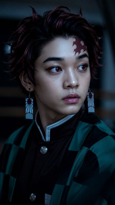 A cosplay portrait of a person portraying Tanjiro Kamado from the anime Demon Slayer, featuring burgundy hair, a scar on the forehead, hanafuda earrings, and a green and black checkered haori.