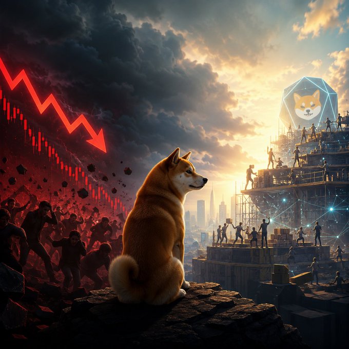 A digital illustration showing a Shiba Inu sitting on a rock, with a red downward stock chart arrow on the left and people building a Dogecoin monument on the right at sunset.