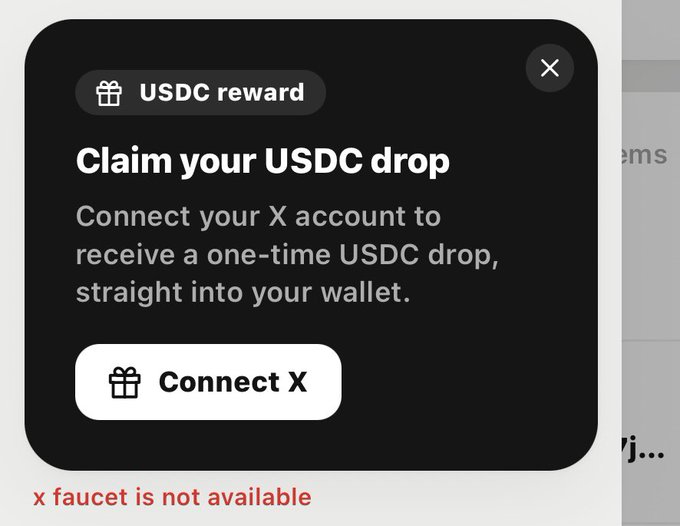 A popup advertisement offering a "USDC reward" and to "Claim your USDC drop" by connecting an X account, with text below noting the faucet is not available.