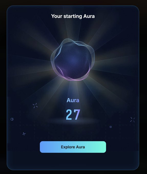 A digital interface displaying a 'starting Aura' of 27 with an abstract purple wireframe sphere design and an 'Explore Aura' button.