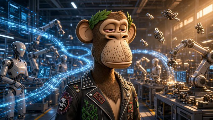 An AI-generated image of a monkey character with a laurel wreath wearing a punk leather jacket, set in a futuristic robot factory with humanoid robots and drones.