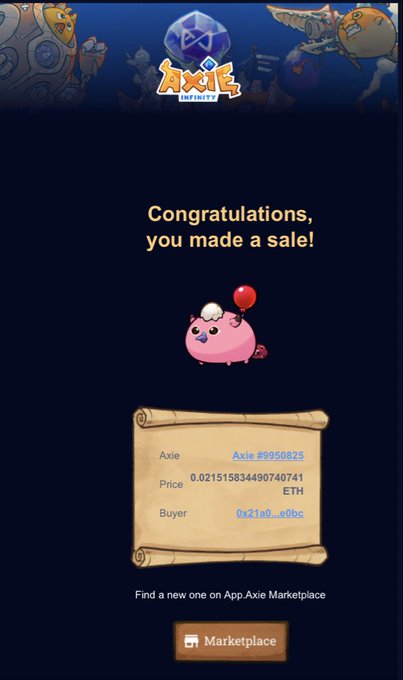 An Axie Infinity sale confirmation screen showing "Congratulations, you made a sale!" for Axie #9950825 at a price of 0.0215158334490740741 ETH to buyer 0x21a0_e6bc, matching the post's mention of a 0.0215 ETH Axie sale worth approximately $40.
