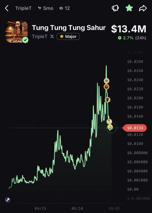 A price chart for the meme coin "Tung Tung Tung Sahur" (ticker $TripleT) shows a sharp rally peaking near $0.0280 before pulling back to $0.0134, with a market cap of $13.4M and a 2.7% 24-hour gain—visually supporting the post's claim of strong recent performance, though the recent dip suggests volatility rather than a smooth uptrend.