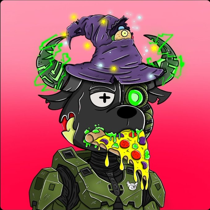 A cartoon illustration of a black dog wearing a purple wizard hat, eating a slice of pizza, dressed in green armor with glowing green mechanical arms against a pink background.