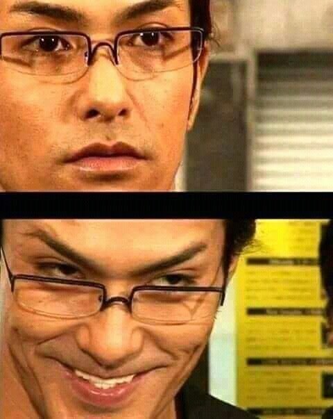 A split image showing a man with glasses making a neutral expression on top and a wide, intense grin on the bottom.