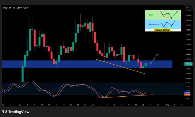 TradingView daily chart of USDT.D (Crypto Total Market Cap) showing candlestick price action with annotations indicating 'Price' and 'Momentum' both bullish.