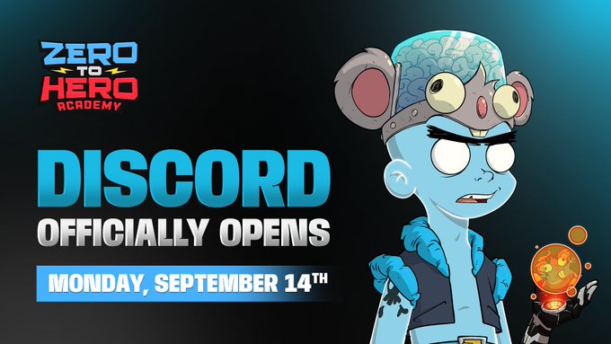 A promotional banner for 'Zero to Hero Academy' announcing that 'DISCORD OFFICIALLY OPENS MONDAY, SEPTEMBER 14TH', featuring a blue cartoon character holding an orange flask.