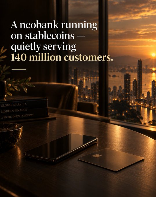 An advertisement showing a smartphone and credit card on a desk with a sunset cityscape view, featuring the text: 'A neobank running on stablecoins — quietly serving 140 million customers.'