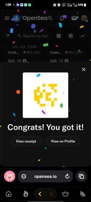 A mobile phone screenshot of an OpenSea confirmation pop-up reading 'Congrats! You got it!' with a yellow pixel-art QR code and options to 'View receipt' or 'View on Profile'.