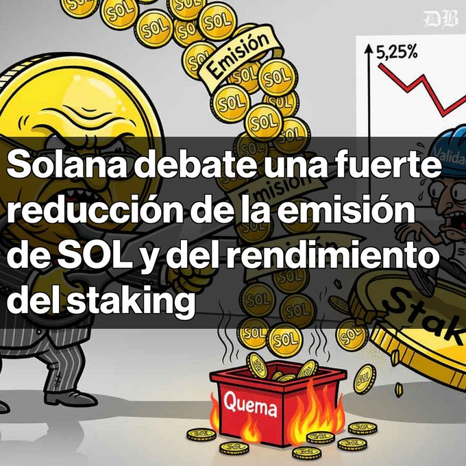 A crypto news illustration showing SOL tokens being burned in a 'Quema' (burn) bin with text 'Solana debate una fuerte reducción de la emisión de SOL y del rendimiento del staking' and a chart showing 5.25% decline.