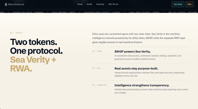 A website screenshot for 'Ethra Protocol' with the heading 'Two tokens. One protocol. Sea Verity + RWA.' describing their maritime intelligence network and real world asset layers.
