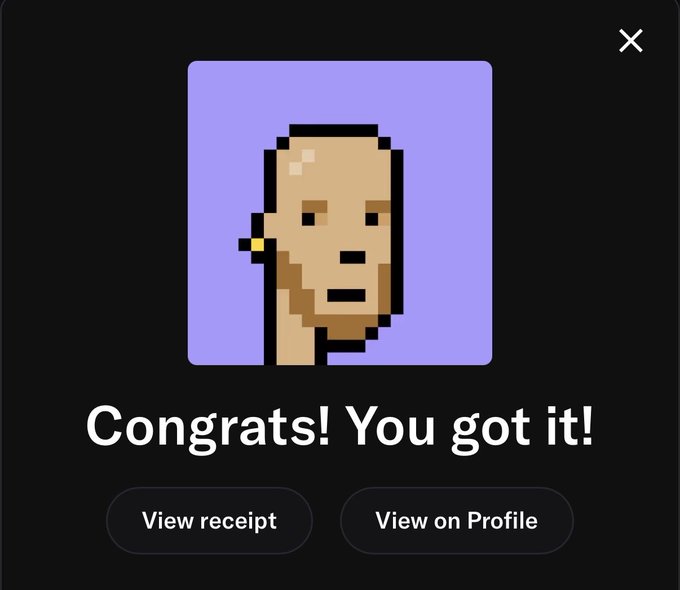 A 'Congrats! You got it!' confirmation screen displaying a pixel art profile picture of a face with an earring on a purple background.