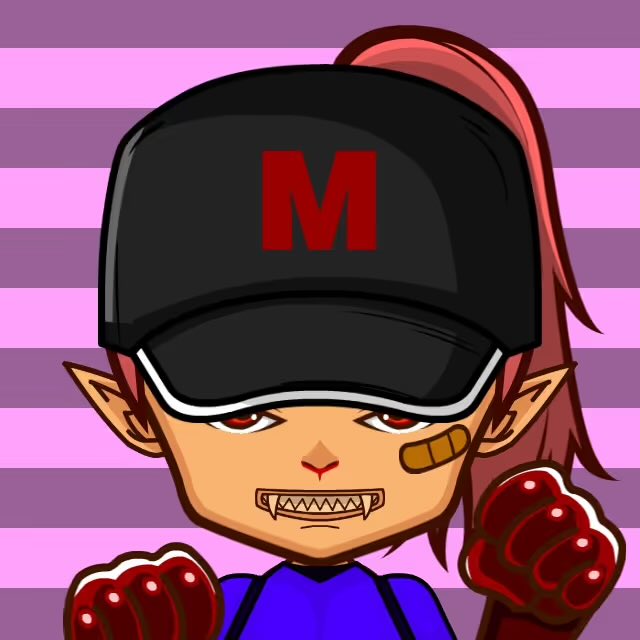 A cartoon illustration of a character with pointed ears, red eyes, fangs, and a black cap with a red 'M,' wearing red boxing gloves against a purple striped background.