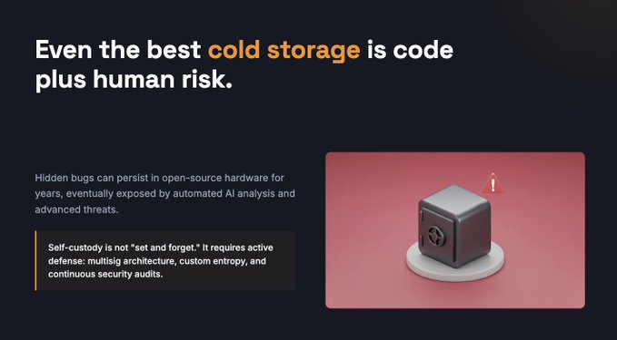 A dark presentation slide titled 'Even the best cold storage is code plus human risk,' discussing self-custody security and featuring a 3D rendering of a safe with a warning icon.