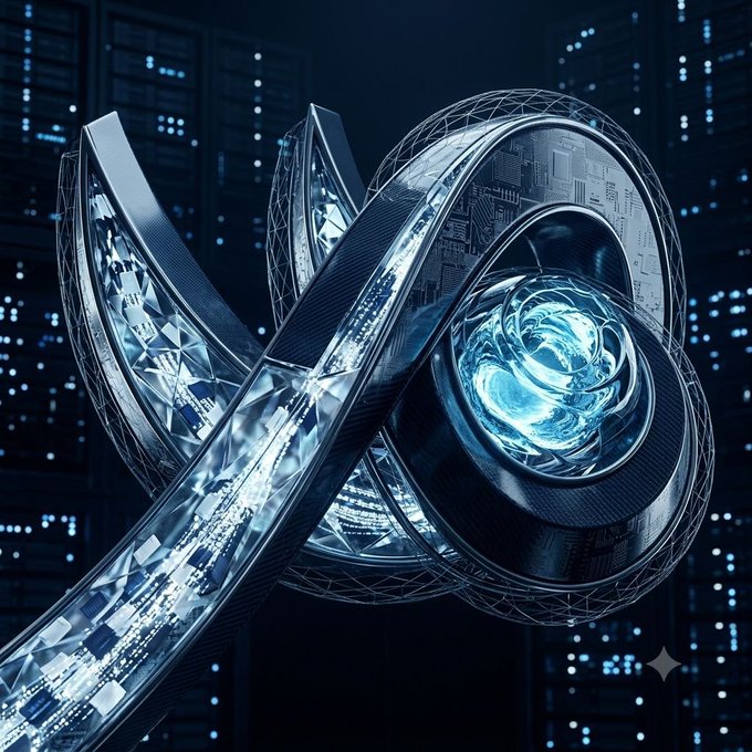 A sleek, futuristic metallic ribbon intertwined with a glowing blue digital sphere is displayed against a backdrop of server racks, symbolizing advanced blockchain technology. The image visually reinforces the post's message of seamless, next-level crypto trading by Bullpen, free from clunky traditional DeFi UX.